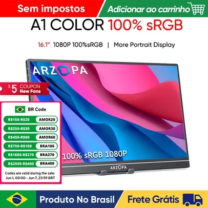 [No Brasil] Monitor Portátil ARZOPA A1 Color 60Hz 16.1" 1080P