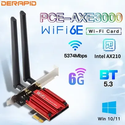 [Taxa inclusa/Moedas] Adaptador de rede sem fio PCI Derapid AXE3000 WiFi6E Intel AX210 Bluetooth 5.3