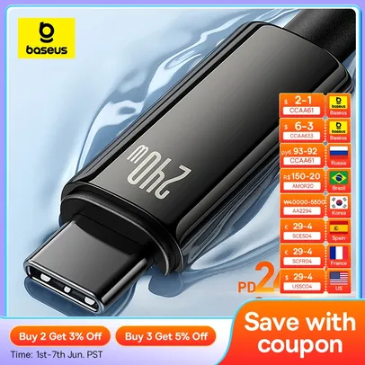 [APP/Taxa Inclusa/Moedas] Cabo USB-C/USB-C Baseus PD 240W Supercharger