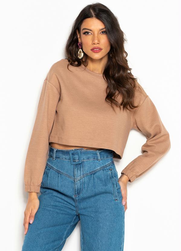 Dzarm - Blusão Cropped de Malha Marrom Médio G e XG