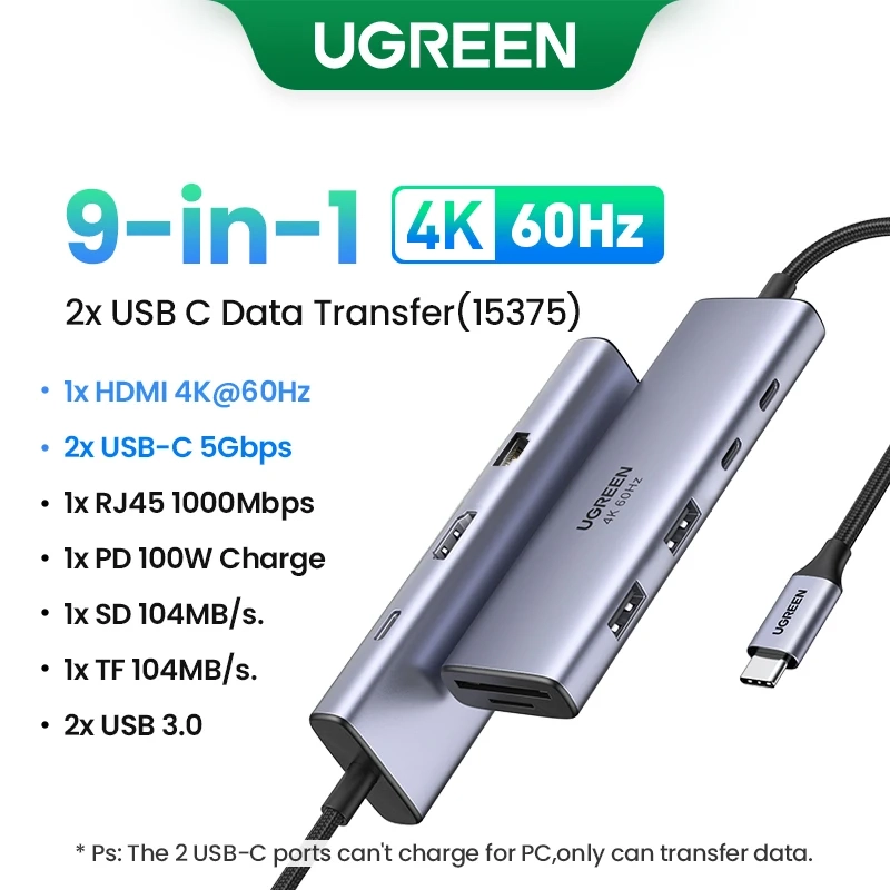 Hub USB Ugreen 7 em 1 USB-C 4K 60Hz HDMI + RJ45 100W