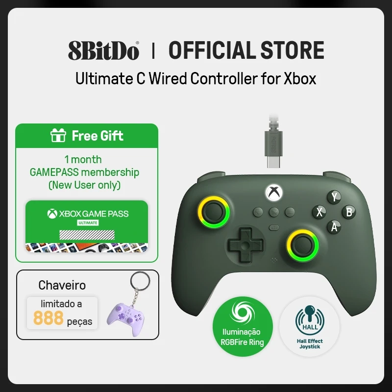 Controle com Fio 8BitDo Xbox RGB com Analógicos Hall Effect para PC e Xbox
