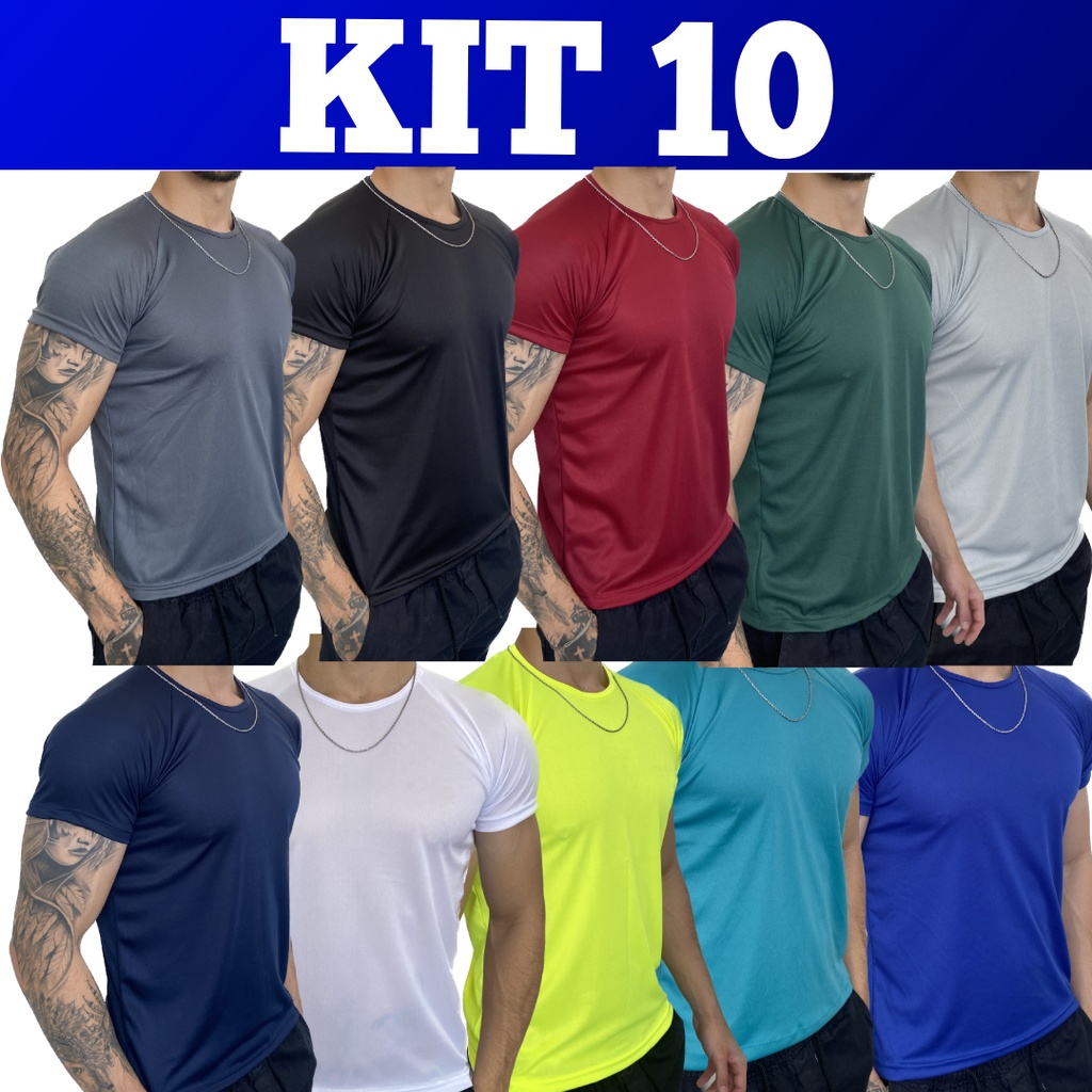 ￼Kit 10 Camisetas Dry Fit Masculina - Casual - Treino - Academia - Esportes - Exercícios - Corrida