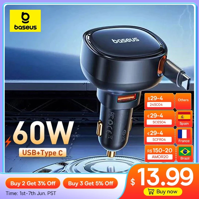Carregador Veícular Baseus Type-C 60W 2 em 1