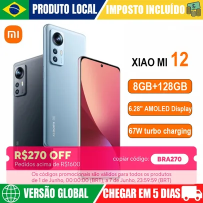 [Brasil] Smartphone Xiaomi Mi 12 8GB RAM 128GB ROM Android 5G Celular Versão Global