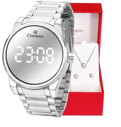 Relógio de Pulso Feminino Champion Digital Espelhado Prata CH40124S Colar e Brincos