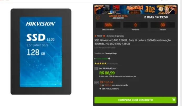 SSD Hikvision E-100 128GB , Sata III Leitura 550MBs e Gravação 430MBs