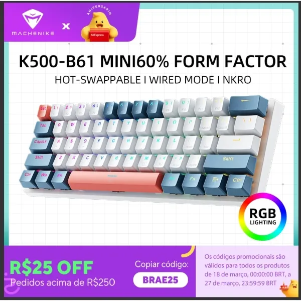 [Taxa inclusa] Teclado Mecânico Machenike K500-B61 60% com Fio