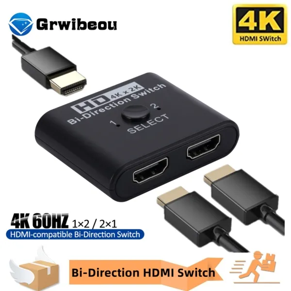 (Primeira Compra R$4,99) Switch compatível com HDMI, 2 portas, 2 em 1 saída, 1 em 2 saídas, 4K, laptop, PC, Consoles