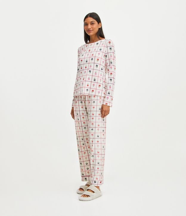 Pijama Longo em Ribana com Babadinho na Barra e Estampa Floral Grid - Feminino
