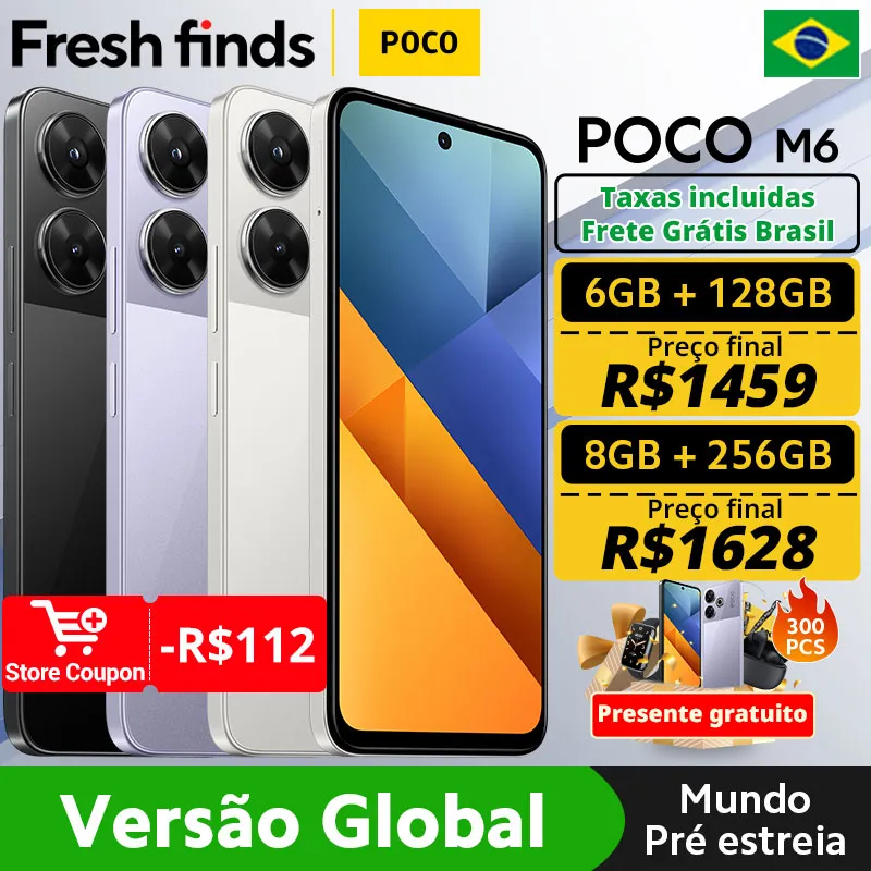 Smartphone POCO M6 Versão Global, MediaTek, Helio G91 Ultra, Carregamento Rápido 33W, Bateria 5030mAh, NFC, Novo, MediaTek, Versão Global, 128GB