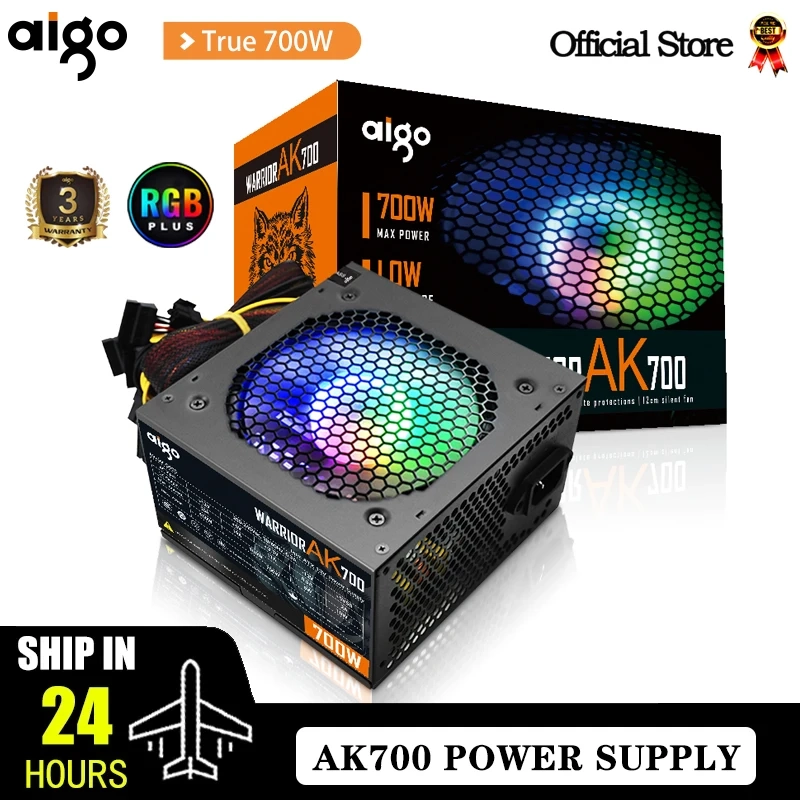 Fonte de Alimentação para PC Aigo 700W 120mm RGB Fan 24Pin 12V ATX