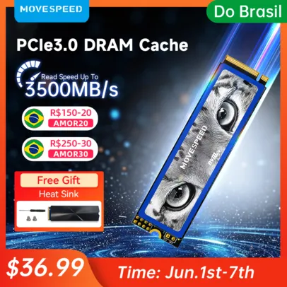 [Taxa Inclusa] SSD de 512GB NVMe M2 3500MB/s MOVESPEED PCIe3.0 com DRAM Cache