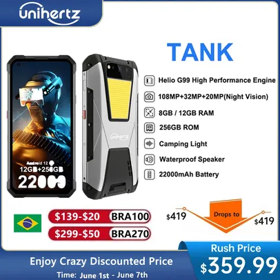 [BR/Moedas - R$ 2158] Smartphone Unihertz Tank 12GB/256GB NFC Versão Global, Ip68/Ip69, Bateria 22.000Mah, Carregamento de 66W, Lanterna 1200 lumens