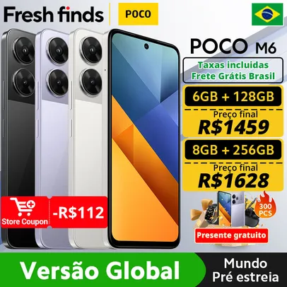 [Taxa Inclusa] Smartphone POCO M6 256gb Versão Global, MediaTek, Helio G91 Ultra, Carregamento Rápido 33W, Bateria 5030mAh, NFC