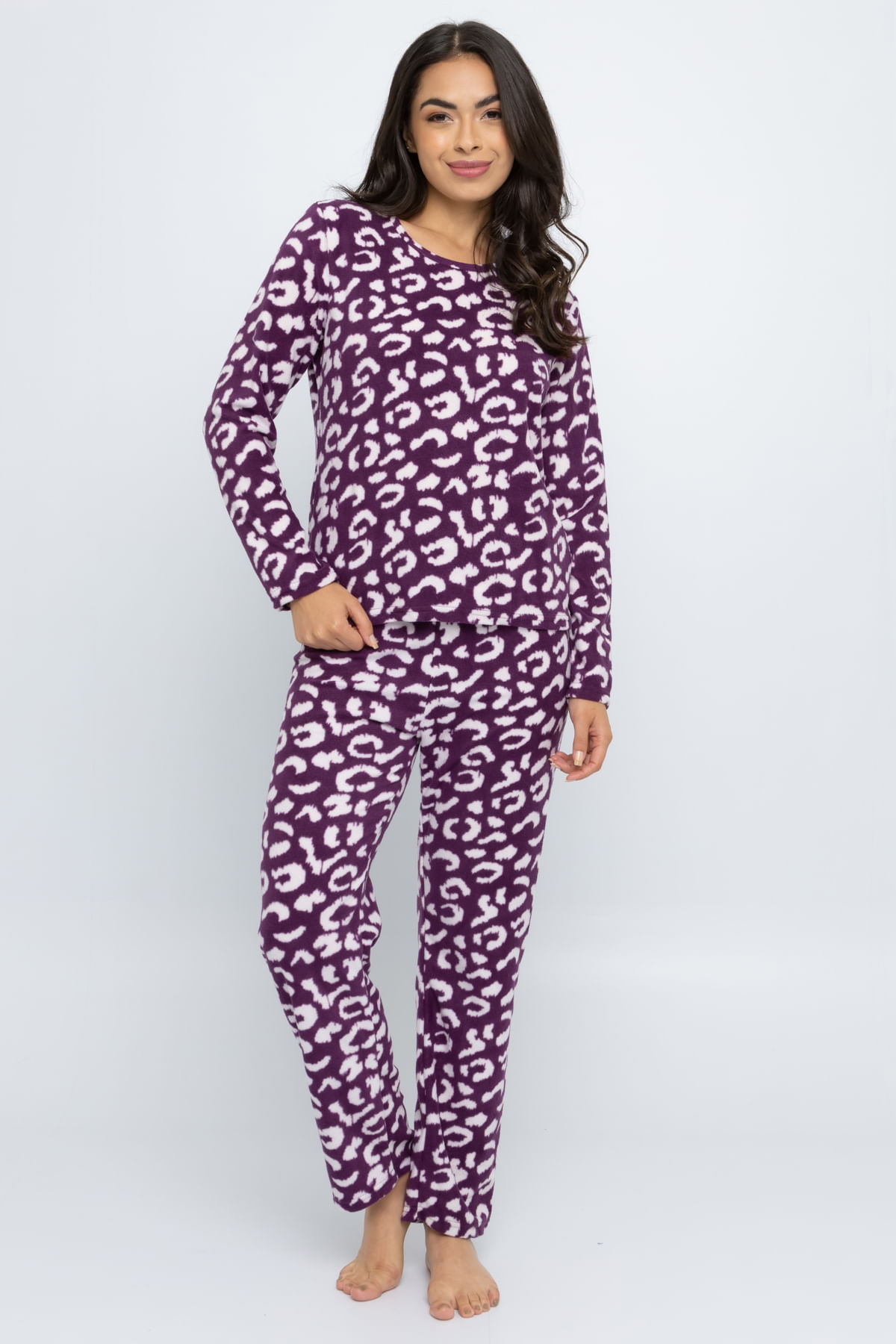Pijama Manga Longa em Fleece com Estampa Onça - Feminino