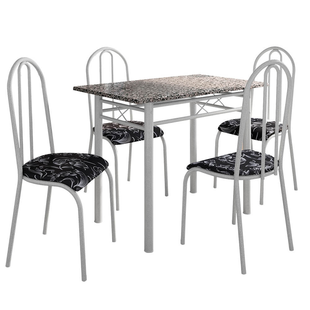 Conjunto De Mesa 4 Cadeiras Tampo Granito Genebra Fabone - Branco/Prata