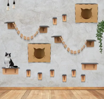 Playground de gatos - 14 peças em mdf com carpete antiderrapante