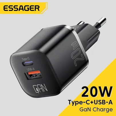 [Taxa inclusa] Carregador Rápido Essager 33W GaN com duas saídas - USB C e USB A