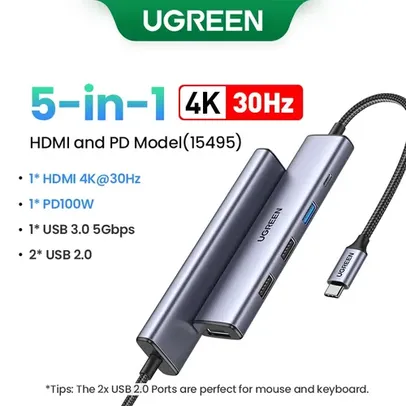 Saindo por R$ 71,6: Hub USB-C 3.0 5 em 1 Ugreen 4k 30Hz HDMI | Pelando