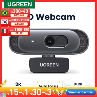 [APP/Moedas R$94,37] Mini Webcam UGREEN USB para Computador Portátil, Câmera Web HD 2K, Microfones Duplos