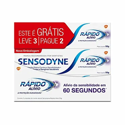 [Prime/REC] Sensodyne Creme Dental Rápido Alívio e Proteção Duradoura para Dentes e Gengivais Sensíveis, Leve 3 unidades e Pague 2, 50g cada