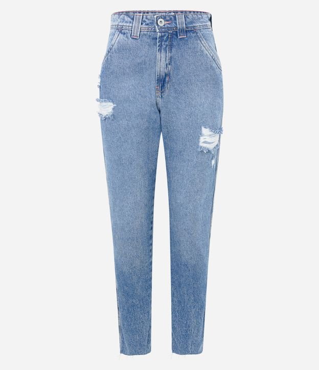 Calça Mom Jeans com Puídos e Bolso Reto Azul