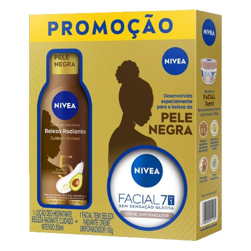 Kit Nivea Beleza radiante Pele negra loção corporal Deo-Hidratante 200ml + Creme Facial uniformizador 100g