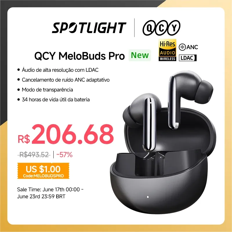 [MOEDAS R$183,69] Fone de Ouvido QCY MeloBuds Pro Earbuds ANC Bluetooth 5.3, ANC 46dB, LDAC 6 Mic