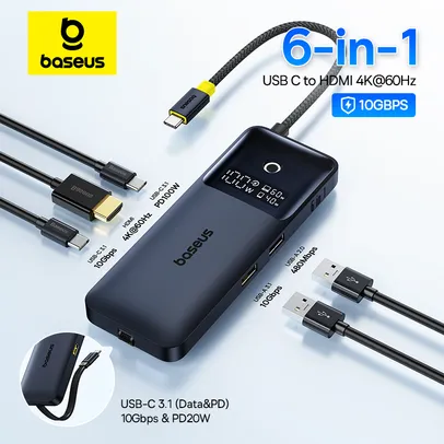 [Primeira Compra R$150,62] Baseus Hub USB de carregamento rápido duplo para PC, HDMI, 4K, 60Hz, USB 3.1, 10Gbps, 100W, 20W