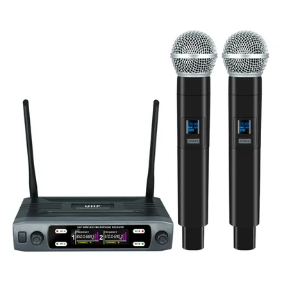 [Moedas R$100] Microfone sem fio Handheld Dual Canais UHF Frequência Fixa Mic Dinâmico