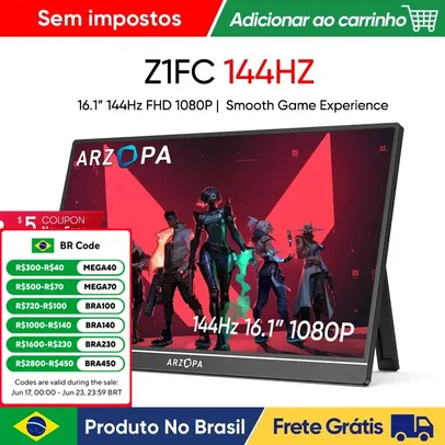 [produto no brasil] Novo ARZOPA 16.1 polegada 100% sRGB 144Hz Monitor de Jogos Portátil Display Laptop