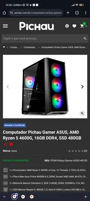 Saindo por R$ 2089: Computador Pichau Gamer ASUS, AMD Ryzen 5 4600G, 16GB DDR4, SSD 480GB | Pelando