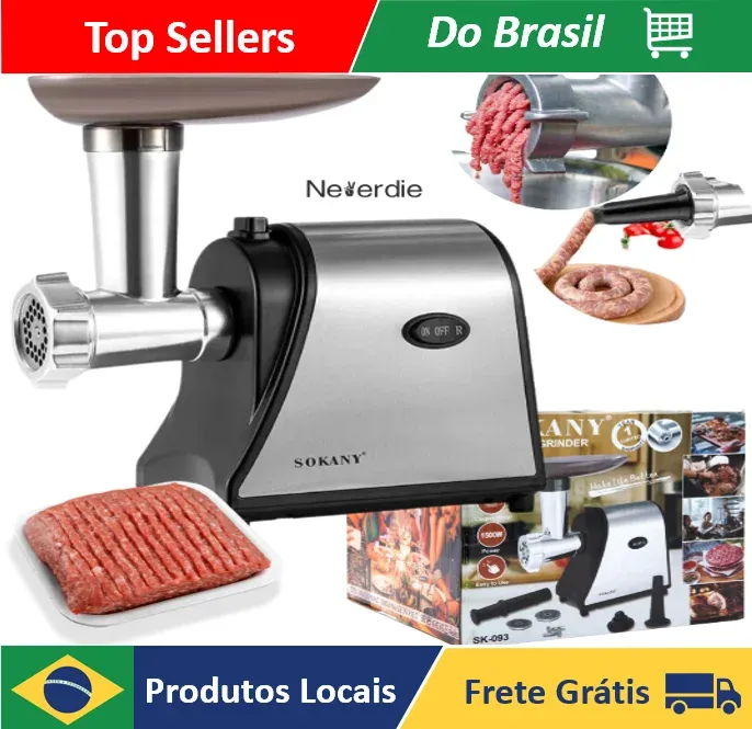 [Do Brasil ] Máquina Moedor De Carne Elétrico 1500W Faz Linguiça Carne Frango 110V 220V - Neverdie Store