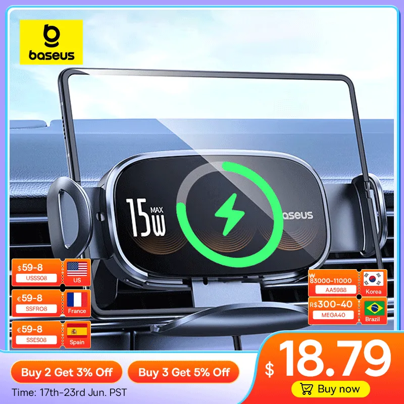 [Taxa Inclusa | moedas] Baseus Suporte de telefone de carro para tablets, carregador sem fio, 15W