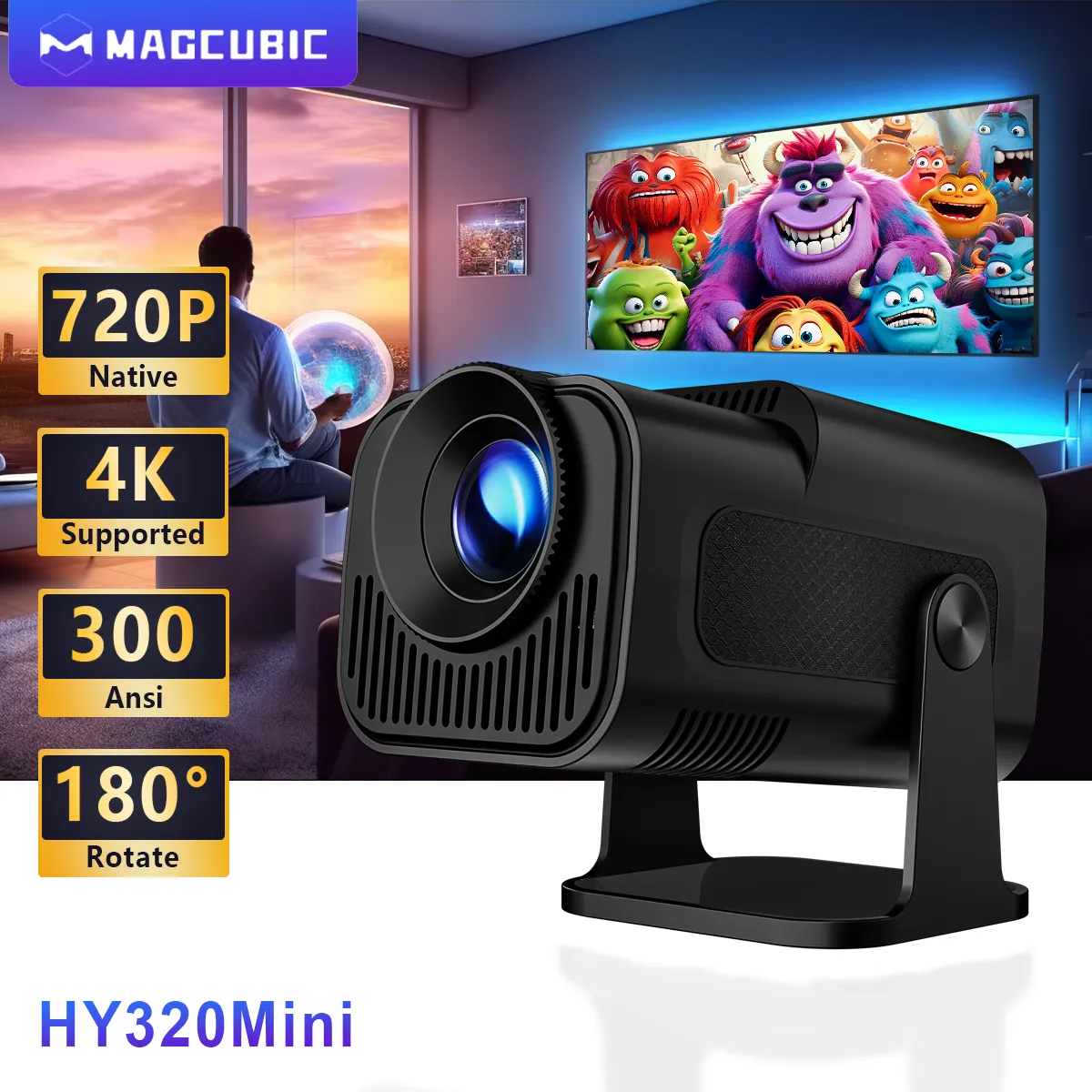 Magcubic Hy320 Mini Nieuw Native 720P Android 11 4K Projector 300Ansi Wifi6 Bt5.0