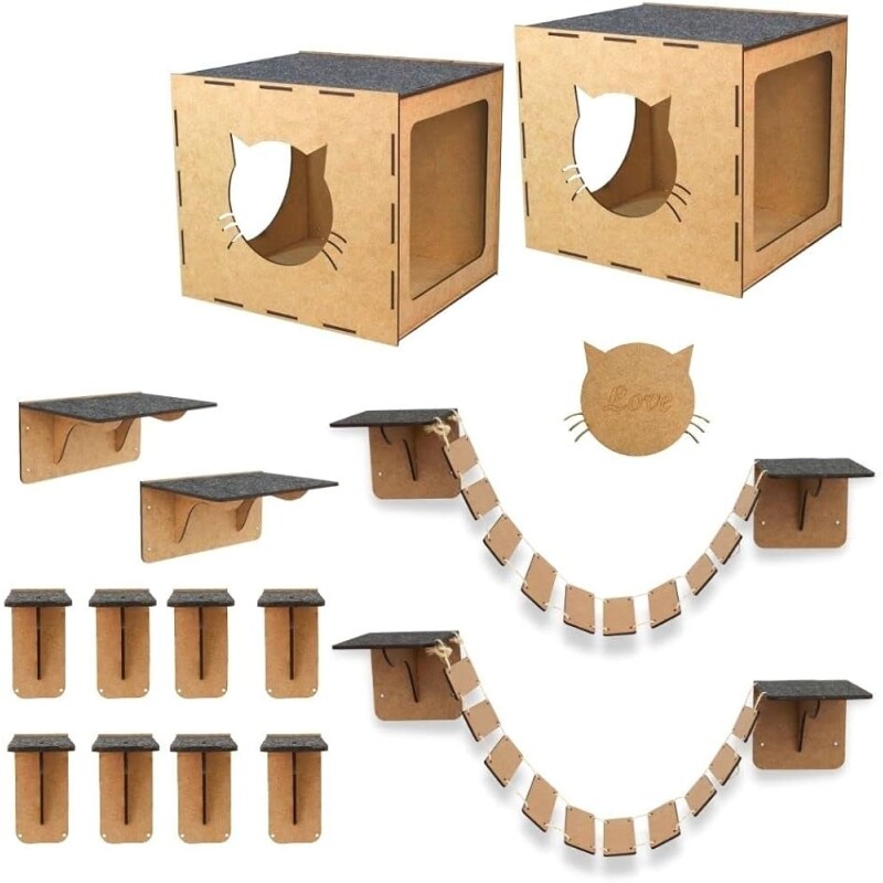 Playground de gatos 14 peças pontes nichos tocas degraus e prateleiras - mdf com carpete antiderrapante
