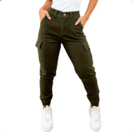 Calça Jeans Feminina Cargo Jogger Cintura Alta Com Bolso Moda Casual Premium