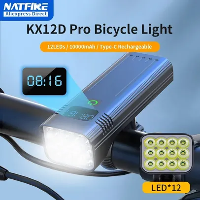 Natfire-luz frontal de alumínio para bicicleta, farol com indicador de bateria, recarregável, usb-c, 12, 8, 6 leds