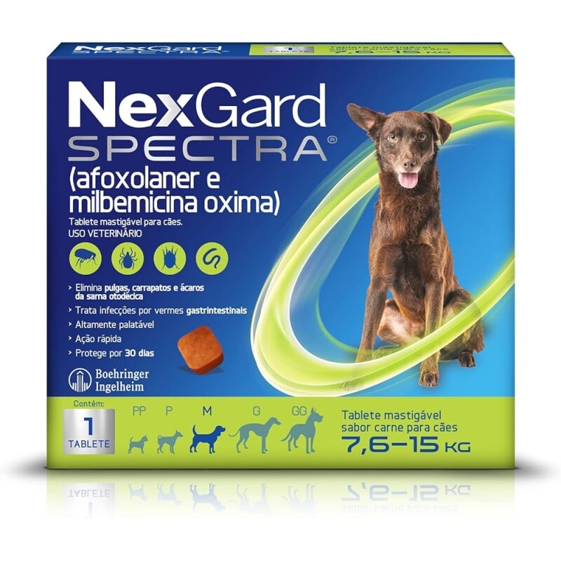 NexGard Spectra Antipulgas e Carrapatos e Vermífugo para Cães de 7,6 a 15kg - 1 tablete