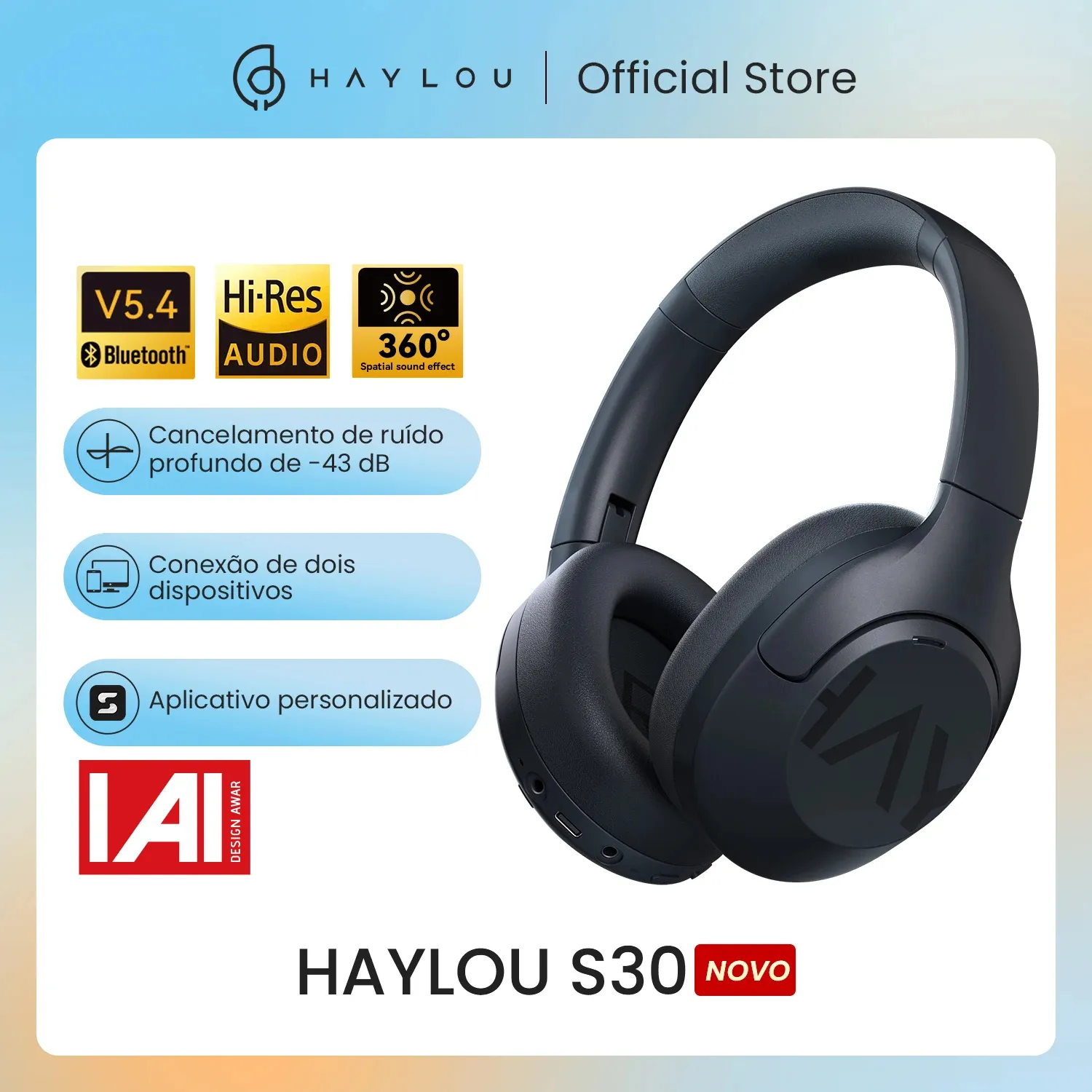 Headphone Sem Fio HAYLOU S30 Bluet 5.4, Canc de Ruído Adaptável de 43 dB, Driver de 40mm, 80 Hrs de Reprodução