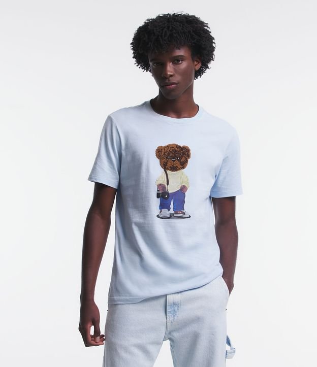 Camiseta Regular em Meia Malha com Estampa de Urso Fotógrafo