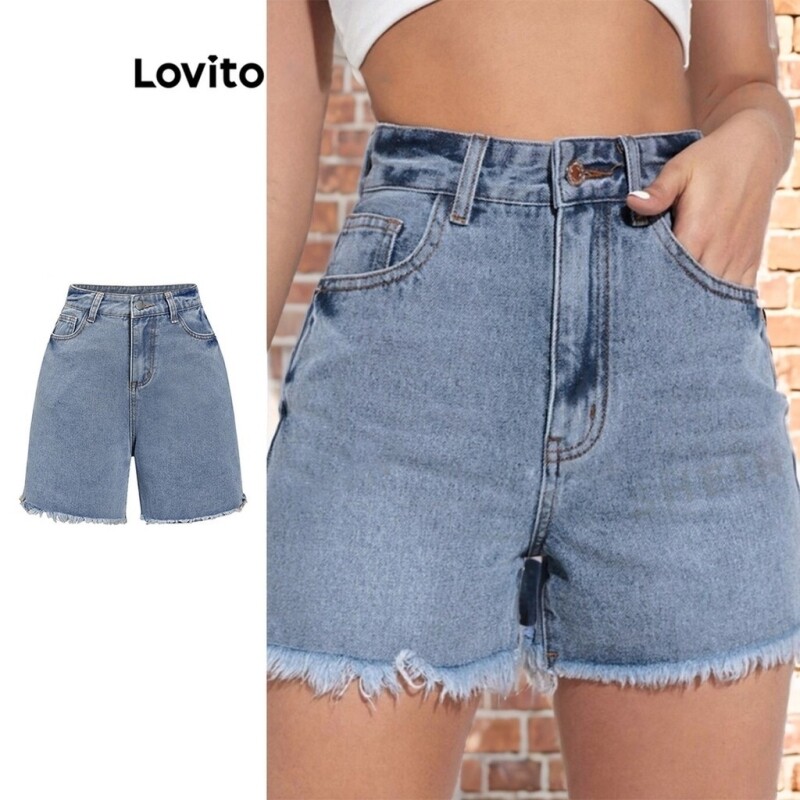Shorts Jeans Lovito com Botão Liso e Bainha Crua - L87ED296 Tam S