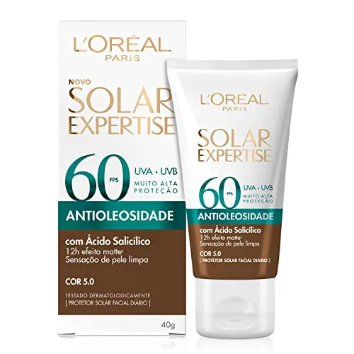 [Rec] L’Oréal Paris Protetor Solar Facial Antioleosidade FPS60 Solar Expertise Efeito Matte, Cor 5.0 Negra, 40g