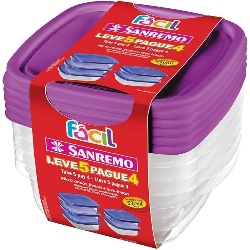 Conjunto de 5 Potes Plásticos Linha Fácil Sanremo 530ml