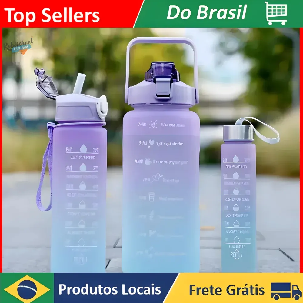 [Do Brasil/ Cupom Agito R$ 20] Kit 3 Garrafas de Água Motivacionais Fitness Tie Dye Sortida 2 Litros 900ml 300ml
