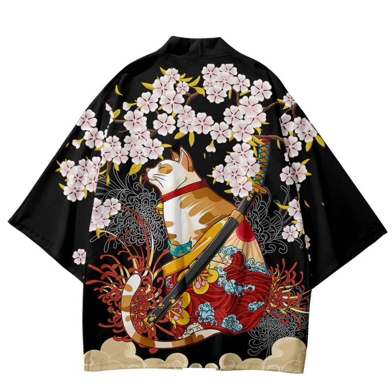 Camisa japonesa estampada Yukata Gato Samurai