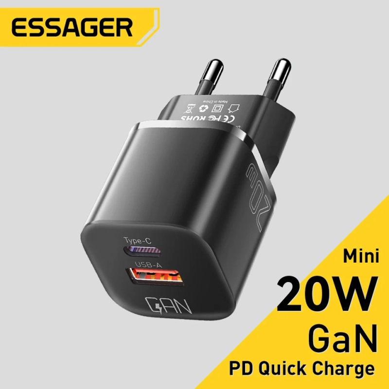 Carregador Essager 20W GaN USB 3.0 e USB-C