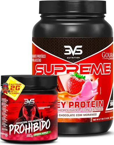 Combo Pré Treino Prohibido 360G + Whey Supreme 900G 3VS Nutrition (Morango/Chocolate)