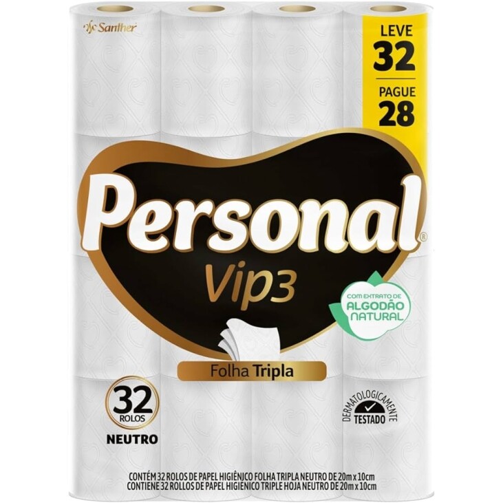 Papel Higiênico Personal Vip Folha Tripla 32 Rolos De 20M